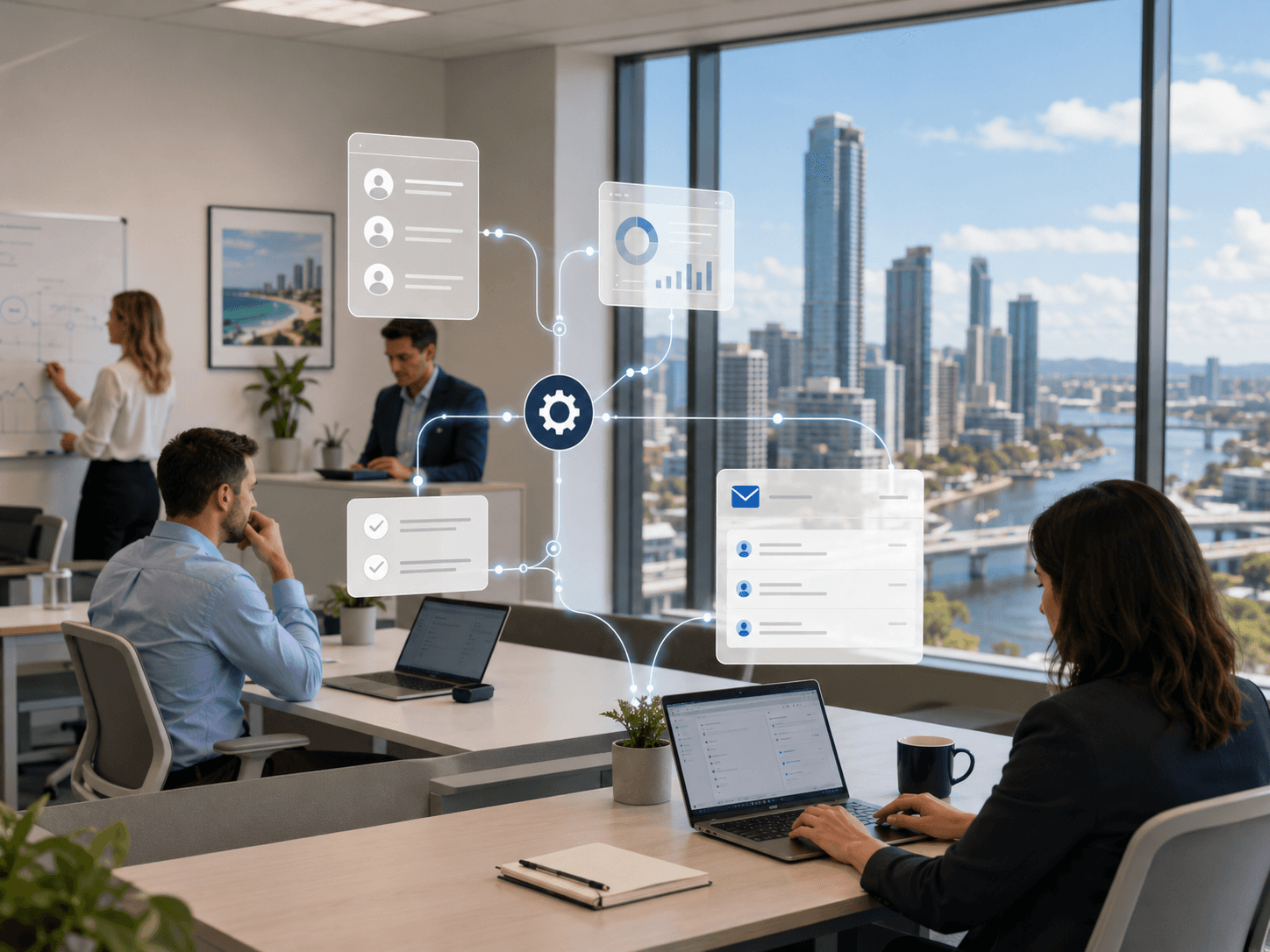Modern Australian brokerage office suggesting connected renewal and intake workflows across screens