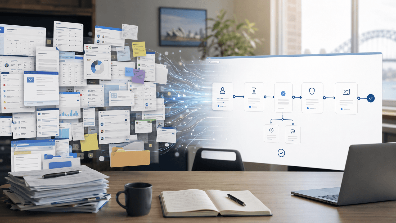 Modern office environment suggesting digital transformation and connected renewal workflows for a brokerage team