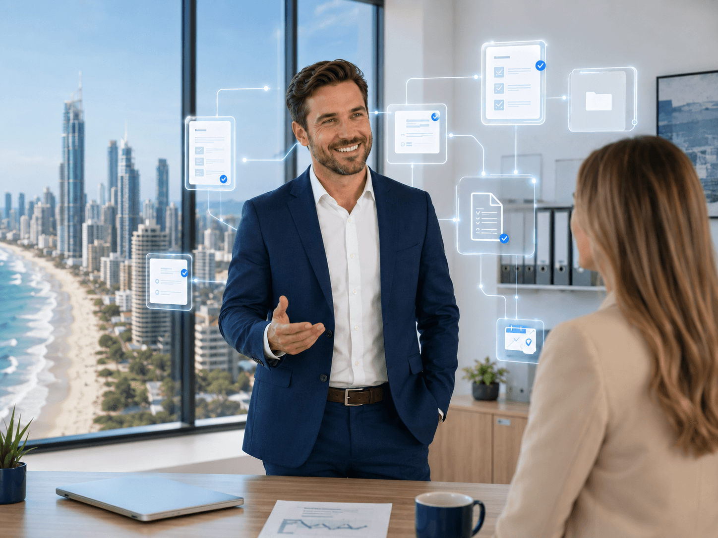 Modern office interior with coastal city view through the window, suggesting a professional broker environment