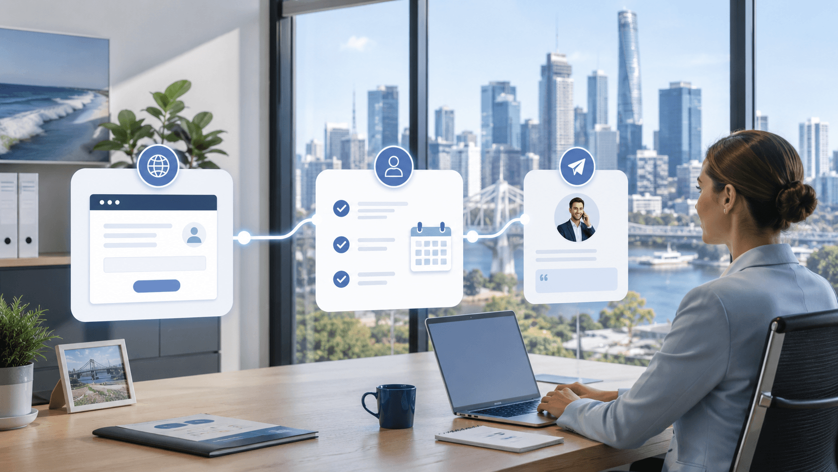Modern office desk with digital workflow displays suggesting organised document intake and broker operations