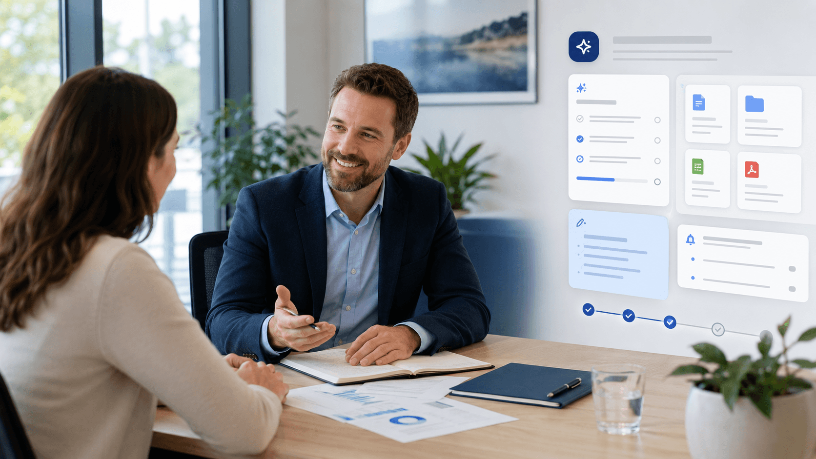 Brokerage team collaborating with digital overlays suggesting clear enquiry stages
