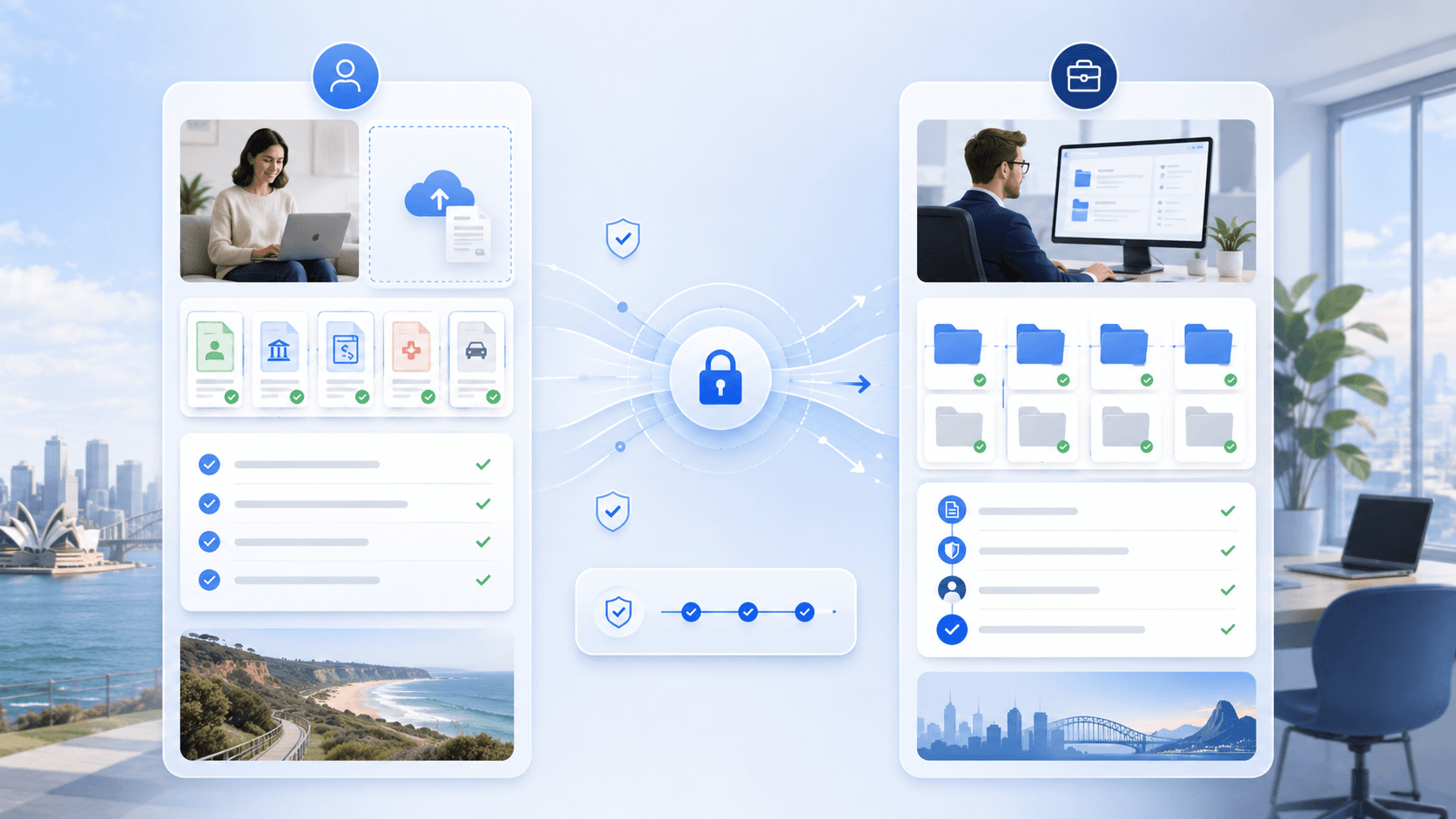Illustration suggesting secure pathways for insurer and client documents before any AI-assisted step