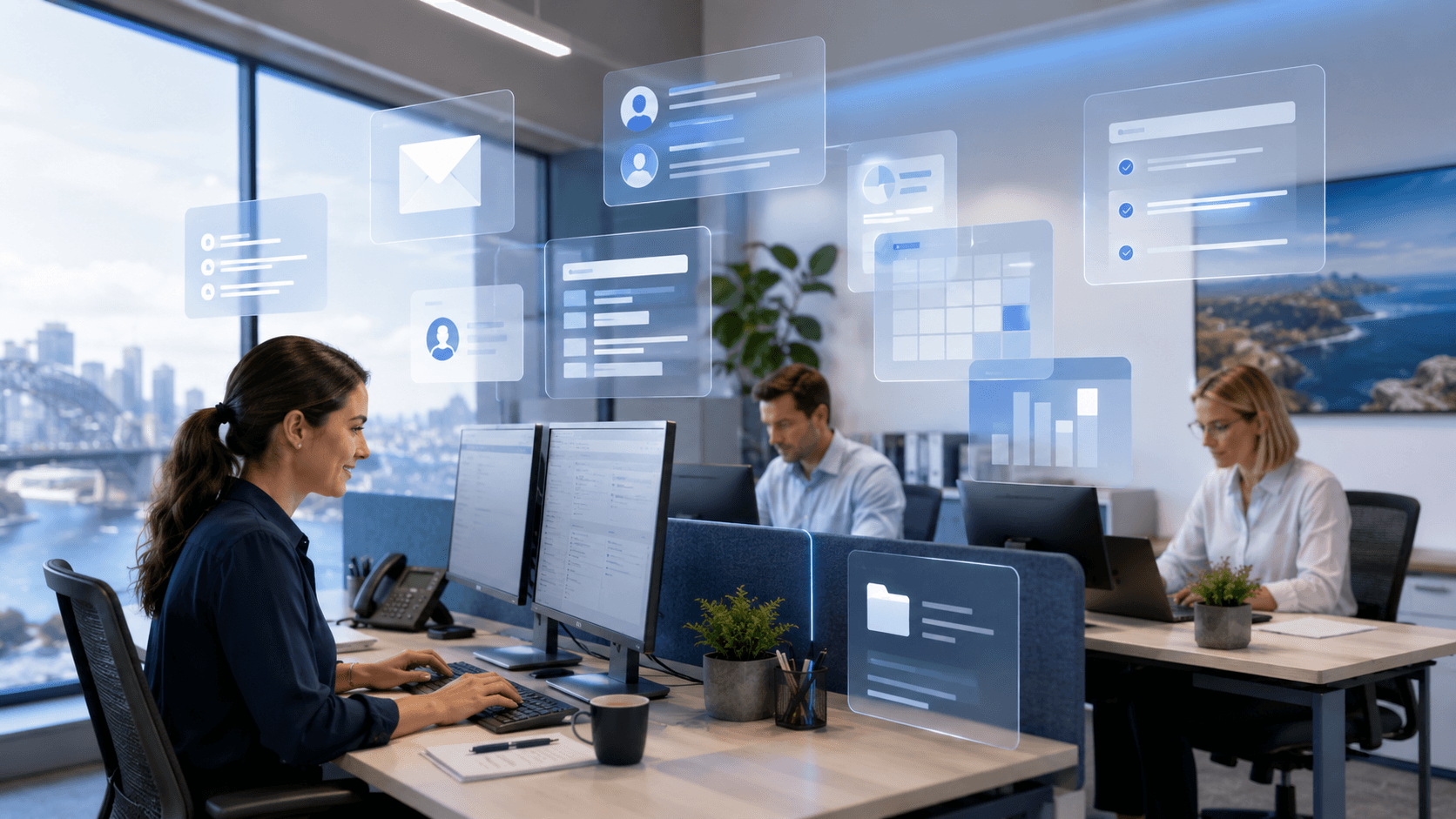 Futuristic office interior with holographic digital interface elements suggesting connected broker workflows